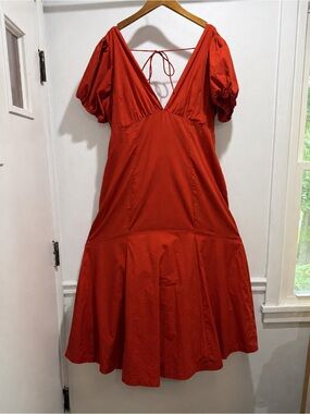 Burnt Orange V-Neck Puff Sleeve Wedding Guest Dress - Abercrombie